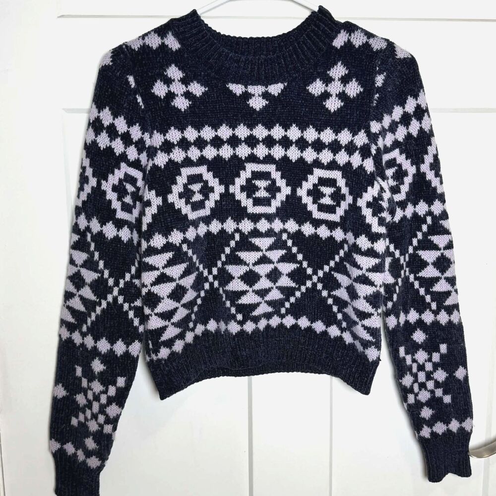 NWT Altard State Womens S Navy Lavender Fair Isle Chunky Knit Winter Sweater